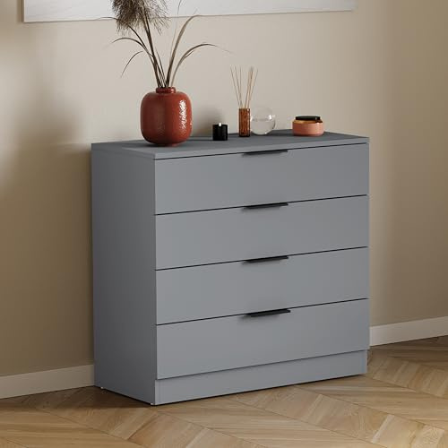 Vida Designs Trega 4 Drawer Chest of Drawers Grey - Compact Space-Saving Bedroom Storage Unit - 74Hx66Wx36Dcm - Anti-Bowing Support, Modern Black Handles, Glide Runners - Ideal for Bedroom & Nursery