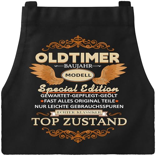 DXDXDXD Grillschürze für Männer lustig mit Spruch OLDTIMER MODELL mit 4 Taschen - Personalisierbare Küchenschürze für BBQ und Garten