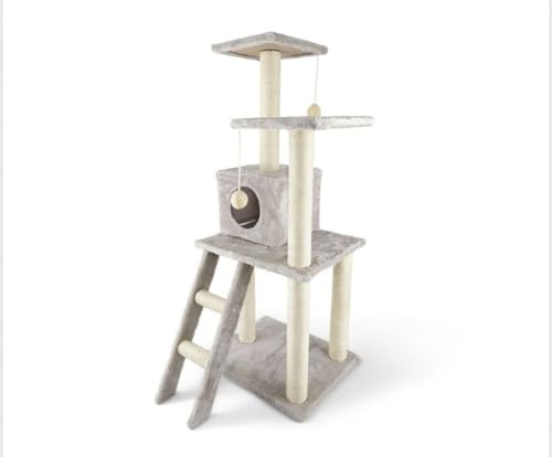 Árbol para Gatos de 3 Niveles con Casa Condo, Postes Rascadores de Sisal, Escalera y Bolas Colgantes,Torre de Actividad para Gatos Color Gris Claro,55x65x112 cm
