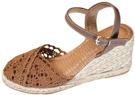 Sandales compensées femme à bout fermé, semelle plateforme tressée façon espadrille, dessus ajouré au crochet, bride cheville réglable avec boucle, chaussures été décontractées