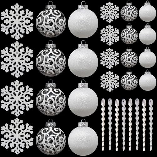 SLEETLY 32pk Christmas Baubles for Tree Holiday Xmas Decorations, Shatterproof Plastic 60mm and 80mm Inch Glitter Bauble Ornaments, Icicles and Snowflakes Set, White