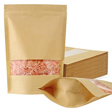 FireKylin 100 st kraftpapperspåsar med fönster, 16 cm x 21 cm stående påsar, blixtlåslås, matförvaringspåsar för förpackningsprodukter, återanvändbara, förseglingsbara
