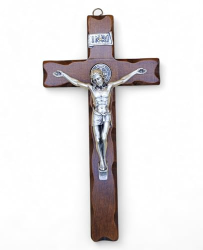 La Balestra - Wandkreuz des Heiligen Benedikt aus Naturholz, Christus, 999 versilbert, hergestellt in Umbrien, Italien, 21,5 x 9,5 x 3 cm
