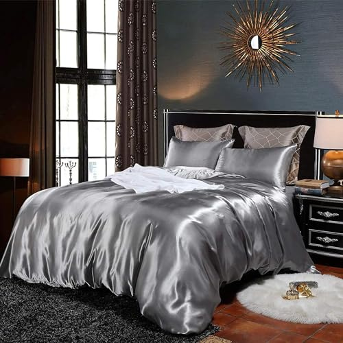 Homewish Silver Duvet Cover Set Double Size Silk Like Satin Bedding Sets Summer Reversible Quilt/Comforter Cover Polyester Honeymoon Sexy Luxury Soft Microfiber Bedding Decor