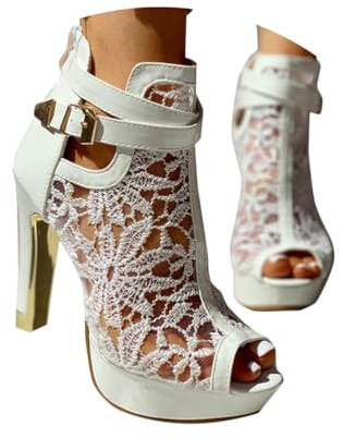 Minetom Sandales Femme Été High Heels Sandale Escarpins Tête De Poisson Plateforme Talon Block Sandales Dentelle Creuse Soirée Parties Mariage Chaussure