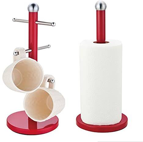 Royal Cuisine Kitchen Roll Paper Towel Stand Pole Holder and 6 Cup Mug Tree Set with Weighted Anti-Slip Base Stainless Steel (Red)