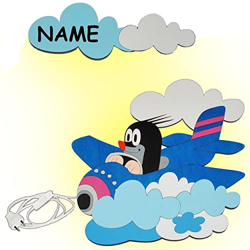 alles-meine.de GmbH 3-D Wandlampe - LED dimmbar aus Holz - der kleine Maulwurf - Pauli - im Flugzeug incl. Namen - Lampe mit Schalter für Kinder - Kinderzimmer Kinderlampe Wandle..