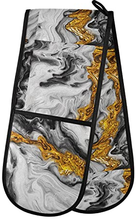 Gold Grey Black Abstract Paint Modern Art Liquid Marble Marbling Double Oven Mitt Gloves Extra Long Potholder High Heat Resistant for Baking Cooking Baking Grilling Handling Hots Pans 35x7