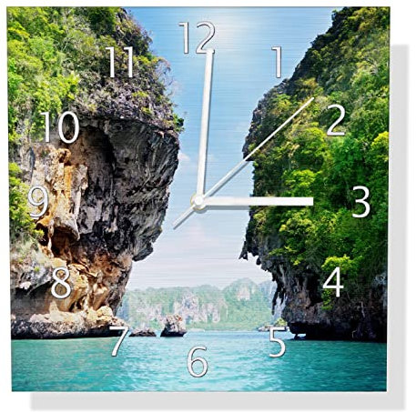 Wallario Design Wanduhr Felsenschlucht am Meer in Thailand aus Aluverbund, Alu-Uhr Größe 30 x 30 cm, weiße Zeiger mit Metalloptik