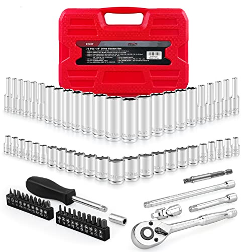 EACELIY 75pcs 1/4 Drive Impact Socket Set, Master Socket Set,Wrench Set with 1/4 Bit Adapter, Universal Joint, Ratchet, 1/4 Drive Bit Set Extension (5/32 - 9/16 , 4-14mm)