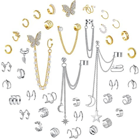 Diamday 42 Piezas Pendientes de Manguito Oreja para Mujer Clip Orejas Set falsos Sin Agujero Ear Cuff Ajustables Pendiente Manguito Cartílago Hélice Para Mujeres Oro-Plata