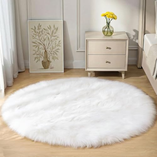 Goolela Runder Teppich Weiß 120 cm, Flauschiger Hochflor Teppich aus Kunstfell für Schlafzimmer und Kinderzimmer