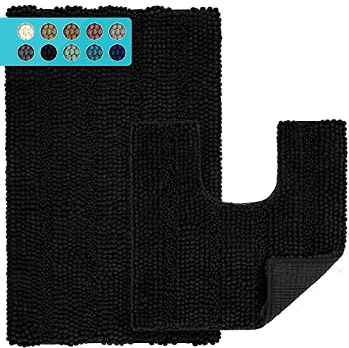 JARITTO Badezimmerteppich Set 2 Teilig rutschfest für Badewanne, Dusche und Badezimmer & Wc Vorleger mit Ausschnitt U-Förmige Waschbar Mikrofaser Saugfähig - 51 x 81 cm + 51 x 51 cm (Schwarz)