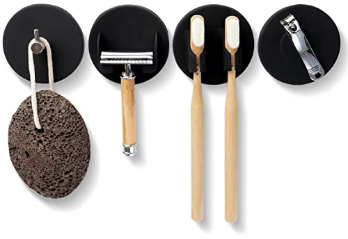 DELUXXOO® Hochwertiges 4-teiliges Badezimmer Halter Set schwarz selbstklebend als Bad Organizer und Deko | ohne Bohren | Haken | Zahnbürstenhalter | Rasiererhalter | Magnet
