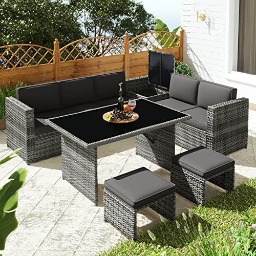 Merax Rattan Corner Sofa Garden Furniture Set, Outdoor Patio Dining Set, Grey, SET5, PE Rattan