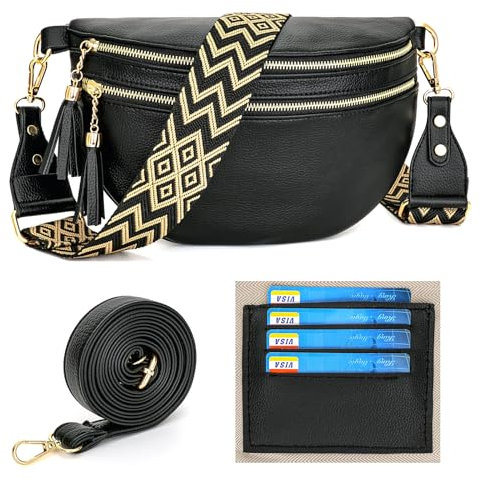 LANXINGLUO crossbody bag damen breiter gurt 5CM groß bauchtasche damen leder Mit Kreditkartenfach und 2 Schultergurten-Schwarz