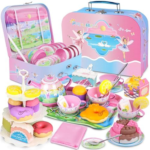 Tea Set for Little Girls,PRE-WORLD 50PCS Princess Tea Party Time Toy Including Dessert,Cookies,Doughnut,Teapot Tray Cake, Tablecloth & Carrying Case,Kids Kitchen Pretend Play for Girls Boys Age 3-6