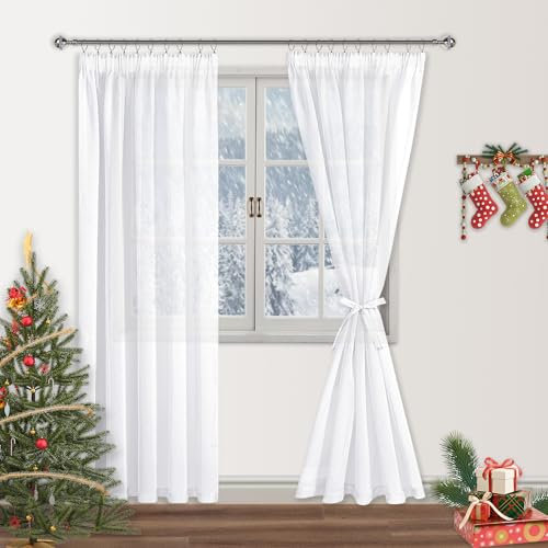 DWCN Stores Gardinen mit kräuselband 2er Set H245 x B140 cm weiß Transparent Vorhänge für Wohnzimmer Durchsichtige Voile Gardine mit Krawatte
