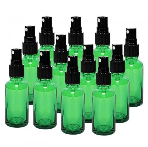 12Pcs 30ml Glasflaschen für ätherische Öle, Sprühflasche Glasflaschen, Kleine Nachfüllbare Reise Feinnebel Sprühflasche Glas, Reisesprühflaschen, für ätherisches Öl, Parfums, Kosmetik, Festiger (Grün)