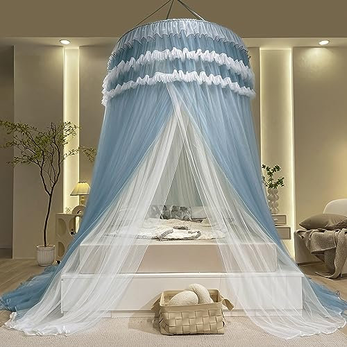 KLUFO Betthimmel für Mädchen,Zimmer Lila Bett Zelt Bettnetz Baldachin für Mädchen Königin Baldachin Bettvorhänge Weiß Moskitonetz für Bett (Blau)