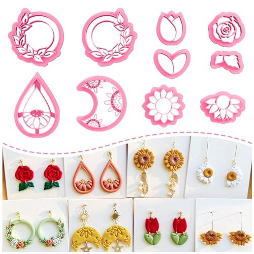 Keoker Blumen-Tonschneider, Frühlings-Modelliermassen-Ausstecher, Polymer-Ton-Blumen-Ausstecher, 10 Formen, Blumen-Ton-Ohrringe, Boho-Tonschneider für Polymer-Ton-Schmuck (A)
