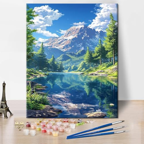 TISHIRON Malen nach Zahlen Kit Erwachsene Bergsee DIY Malen nach Zahlen Kits auf Leinwand Wald Ölgemälde für Erwachsene Acrylmalerei nach Zahlen für Zuhause 40 x 50 cm(rahmenlos)