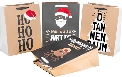 HEKU 24 XL Weihnachts-Geschenktaschen, 33x26x13cm I 4 Weihnachts-Motive X-mas Nature Trend I Inklusive Klappkärtchen I Hochwertiges Papier mit Hotfoil & Prägung I Ideal für große Weihnachtsgeschenke