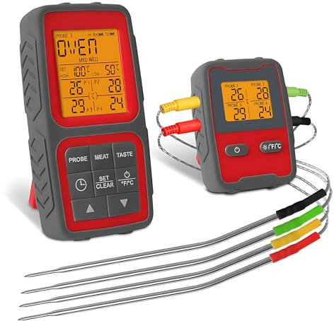 Kavolet Digitales Fleischthermometer mit 4 Sonden, Intelligentes kabellos magnetisches Lebensmittelthermometer, APP-Steuerung mit Zeitalarm, mit aufstellbarem und aufhängbarem Ständer