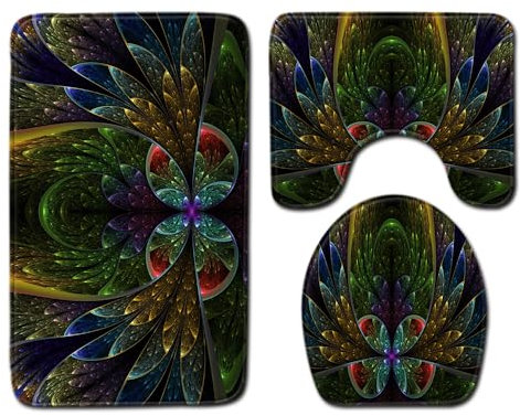 Bad Teppiche Set 3-Teiliges Grüne Gelbe Blüten WC Vorleger Mit Ausschnitt Badematte Saugfähig WC Deckelbezug Badvorleger rutschfest Waschbar Toilettensitzbezug Badgarnitur (50x80cm)