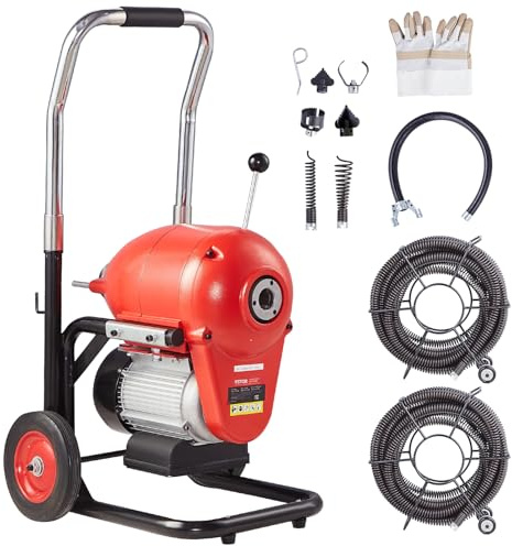 VEVOR Desbloqueador de Tuberías Eléctrico 1100 W Máquina de Limpieza de Tuberías 36,6 m x 3 cm Limpiador Manual de Tubos de Drenaje con 6 Cortadores, Control CW/CCW para Tuberías de 10-20,3 cm