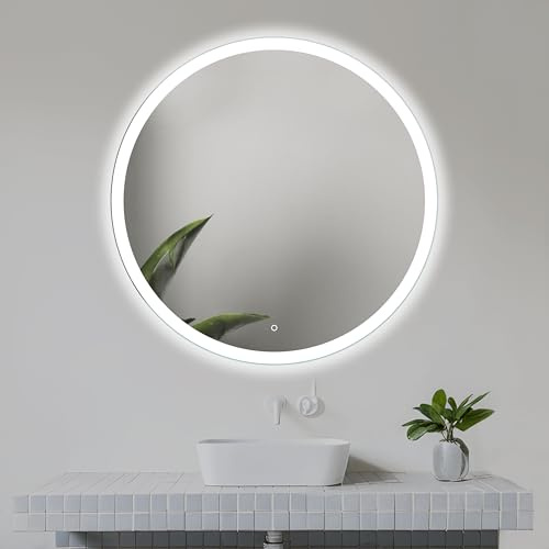 80cm LED Badrumsspegel, Badrumsspegel med Belysning Rund, Rund Spegel med naturlig vit LED-lampa på framsidan.