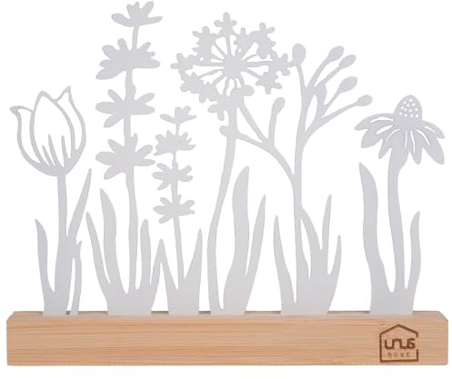 UNUS Aufsteller Silhouette Blumenwiese Metall mit Bambusholzsockel. Weiß | Dekorativ, Ideal für Fensterbank, Küche oder Wohnzimmer