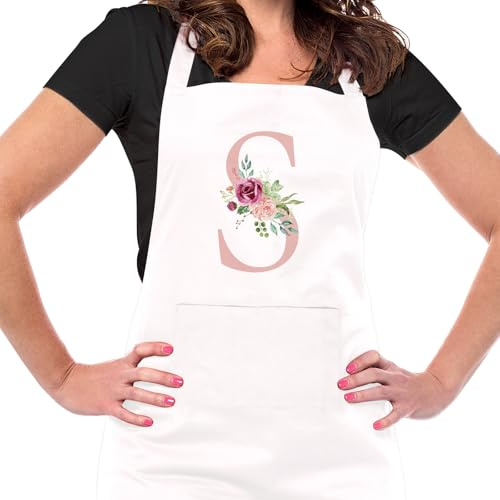 Ysound Kochschürze Initiale Geschenk Schürze Verstellbare Backschürze Baumwolle Küchenschürze Weiß Schürze mit Taschen für Küche, Backen, Geschenk für Frauen Mama zum Geburtstag Weihnachten (S)