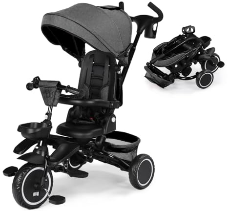 Kinder King Kids Tricycle, 8 in 1 Folding Toddler Trike w/Adjustable Push Handle, Rotatable Seat, Adjustable Canopy, Bell, Five-Point Harness, Storage, Bike Tricycle for Toddlers 1-3, Grey