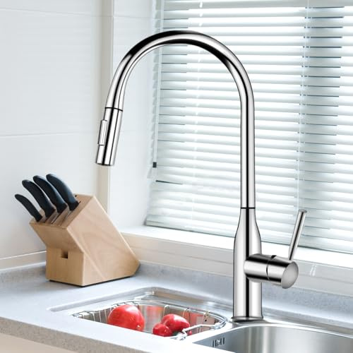 DOKKOME Rubinetto da cucina Schawrz rubinetto estraibile da cucina, 2 modalità con doccetta estraibile, sfoderabile, miscelatore per lavello Faucet argento