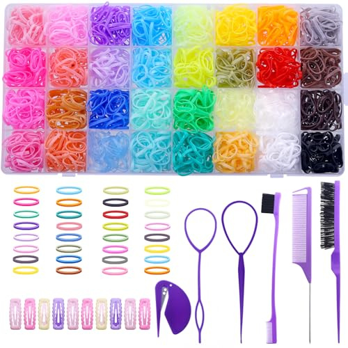 Mini gomas para el pelo en 32 colores – Set con 16 herramientas de peinado, 2000 mini gomas elásticas, cortador y accesorios navideños para niñas
