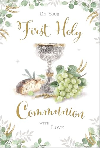 Jonny Javelin First Holy Communion Congratulations Card - Communion Congratulations Card with Artistic Bread and Wine Design and Embossed Foil Details