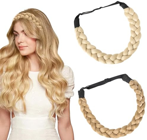 BSITSSS 2 Stück Damen Haarband, 3 Stränge Synthetisches Geflochtenes Haarreif, Helle Blond & Goldblond Stirnband Haarband Verstellbarer für Damen Mädchen Hochzeit Geburtstagsparty