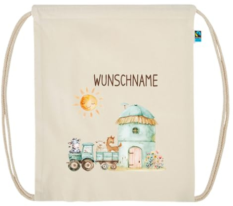 Elefantasie Personalisierter Turnbeutel aus Bio Baumwolle Wäschebeutel für Kinder Stoffbeutel mit Name und Motiv Bauernhof bedruckt