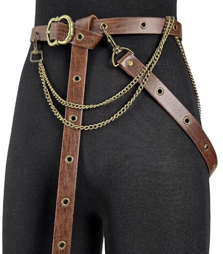 HiiFeuer Mittelalterlicher DIY-Kunstleder-Metallkettengürtel, Vintage Verstellbarer dünner Gürtel für Frauen, Retro Skinny Gürtel für Kleider