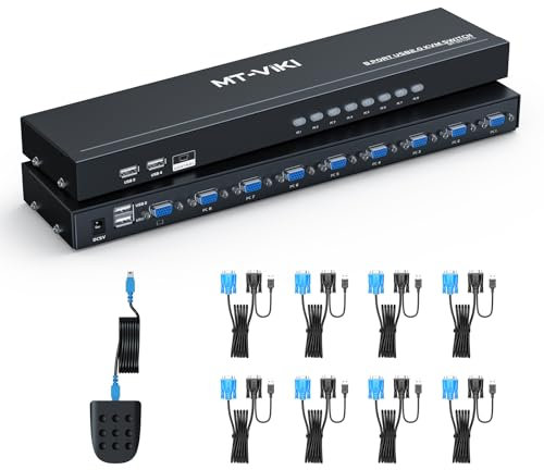MT-VIKI KVM VGA-Switch mit 8 Ports, Rack-Montage-KVM-Switch 8 x 1, inklusive 8 VGA-KVM-Kabel + Draht-Desktop-Controller + Rack-Ohren