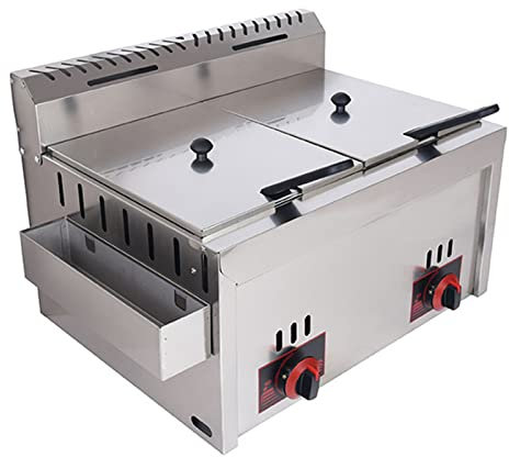 Friggitrice a gas professionale in acciaio inox, doppia vasca da 20 litri con coindro GPL con vaschetta per le spezie e 2 cestelli per friggere, friggitrice professionale doppia con grande K