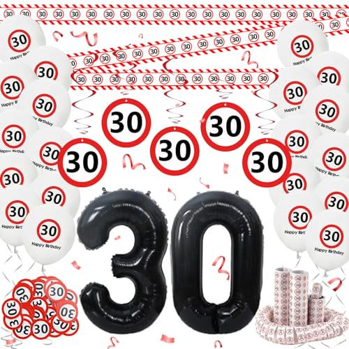 Affivia Verkehrsschild Deko 30 Geburtstag Mann Frau,30 Geburtstag Deko Set,30 Geburtstage Männer Frauen Geburtstagsdeko mit Zahl 30 Folienballon,Absperrband,Konfetti,Luftschlangen,Luftballons,Spiralen
