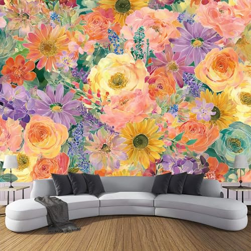 Fotomural Flores De Acuarela 3D Pintura 300×210cm Flores De Colores Papel Pintado Fotográfico,Colorido Decoración De la Pared Murales para Salón, Dormitorio, Habitación para Pared de TV