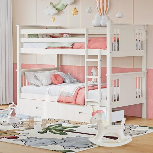 FUQARHY Bunk Bed Twin Over Twin with Storage Drawers, White Convertible Wood Twin Bunk Beds with Ladder and Safety Guardrail, No Box Spring Needed (White)