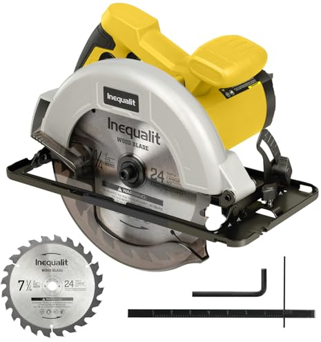 Inequalit 1400W 185mm Circular Saw, Adjustable Cutting Depth Angle | 6000RPM Corded Circular Saw, Max 62Mm(90°)/48Mm(45°) Cutting Depth, Dust Collection Port for Woodworking