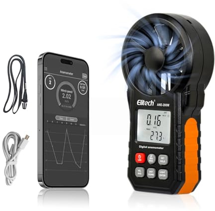 Elitech Anemometro Digitale Bluetooth, Misuratore di Velocità del Vento e Temperatura, per Misurazioni Flusso Aria HVAC, Controllo Ambientale, Calcolo CFM/CMM ANE-200W