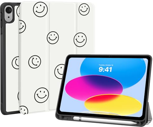 Fycyko Hülle für iPad 11. Generation(A16) 2025/iPad 10. Generation 2022, iPad 11 Zoll Hülle mit Stifthalter, Trifold Ständer mit Kratzfest,Cute Happy Smile Face Muster Schutzhülle für 10./11.-Beige