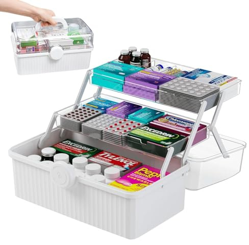 GOURDBRO Caja Medicamentos Organizador Grande de 3 Niveles con Asa, Multifunción y Portátil para Hogar, Viaje, Exterior y Familia, Caja de Primeros Auxilios