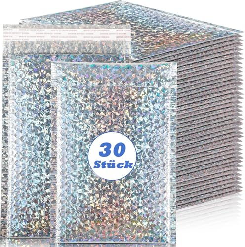 Kinmsito 30 Stück Luftpolsterumschläge, Versandtaschen, Silber, 18 x 29 cm | Holographisch, Luftpolstertaschen Selbstklebend, Wasserdichte Gepolsterte Umschläge for Verpackung Aufbewahrung